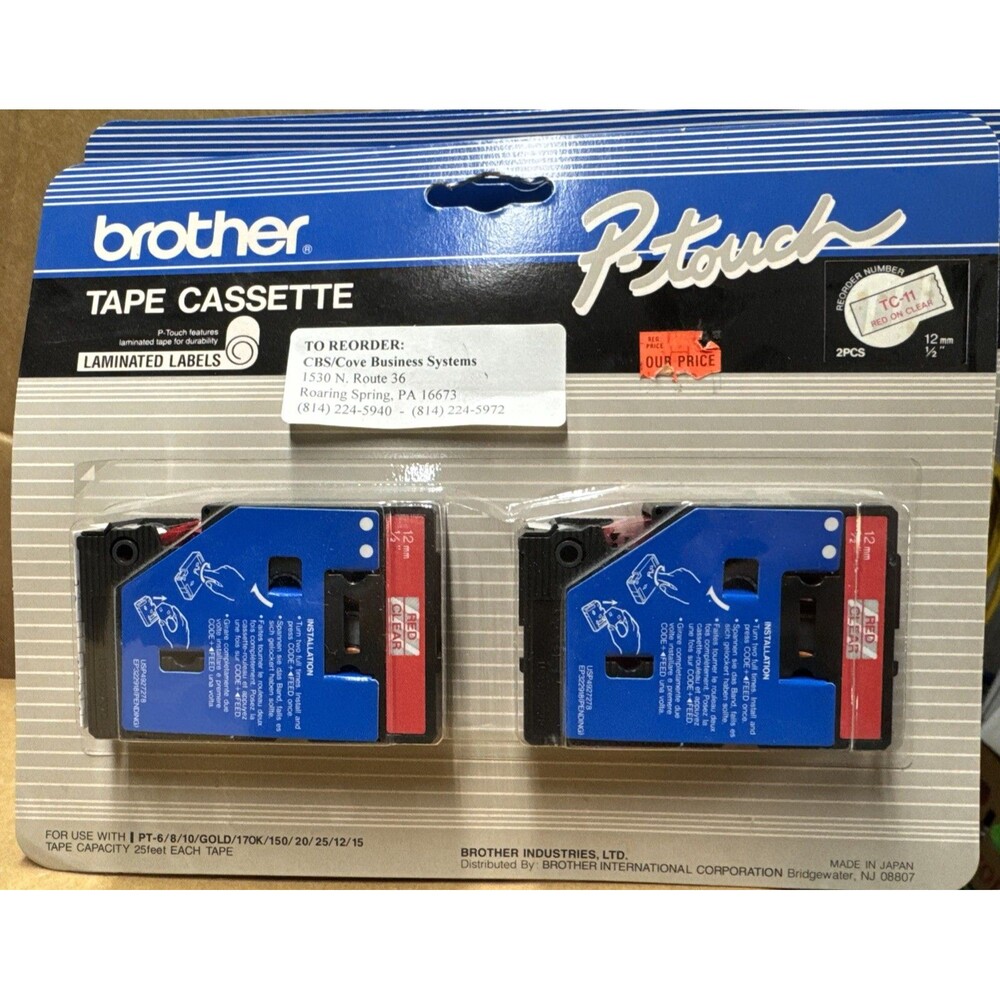 2 Pack Brother P-Touch Tape Cassette Laminated Labels TC-11 12mm RED/Clear New